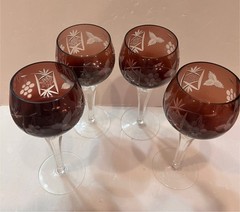 Four (4) Crystal Hock Wine Glass Purple Cut-to-Clear Etched Grape 8.25″ Stems