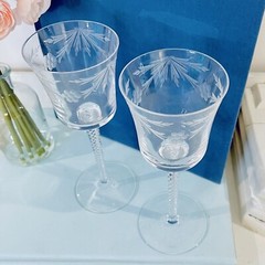 2 Vtg Bucket Air Twist Stem Etched Crystal Wine Chalice Glasses Art Deco Set