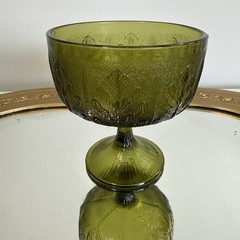 Vintage Avocado Green Glass Footed Bowl Dish Oak Leaf Design FTD 1978 Chalice