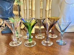 Mid Century MCM Rainbow Multi Colored 8 Pcs Ball Stem Art Glass Cordial Glasses