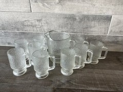 vintage Clear pitcher (1) and (9) glassware With Handles set 10 Pcs