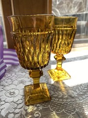 Indiana Glass Mount Vernon Amber Pedestal Goblet Water Glass MCM Set Of 2