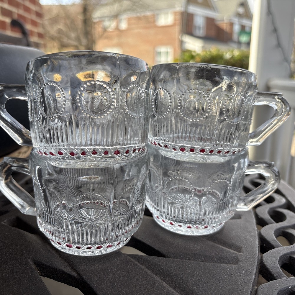 RARE Vintage 50s Tiffin-Franciscan Bullseye Clear Pink Dots Punch Bowl Cups 4