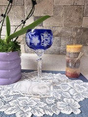 Bohemian Cobalt Blue Cut Crystal Wine Glass Floral Grapes Tall Stemware Decor