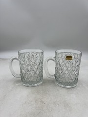 Vintage Arcoc Roc Diamond Cut Glass Mugs Pair 4.75″ Paul Sebastian Crystal Heavy