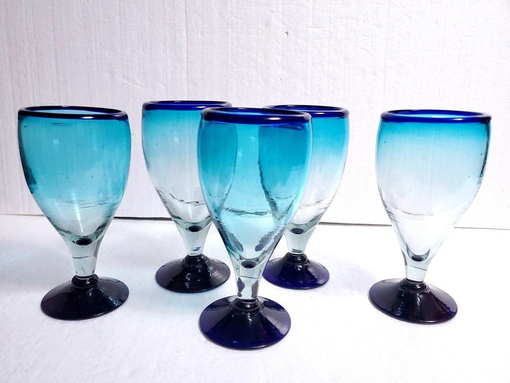 5 Mexican Handblown Ombre’ Cobalt Blue Rim Base 16 Oz Water Cocktail Goblets