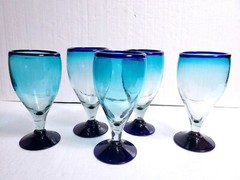 5 Mexican Handblown Ombre’ Cobalt Blue Rim Base 16 Oz Water Cocktail Goblets