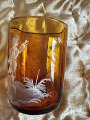 Art Nouveau Fenton Art Glass Victorian Mary Gregory Amber Tumbler Rare Piece