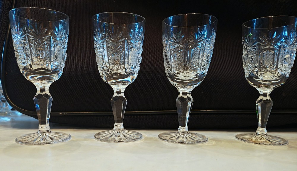 4 Cordial/liquor 4″, crystal cut cross-hatch hobstar, pinwheel, and fan