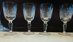 4 Cordial/liquor 4″, crystal cut cross-hatch hobstar, pinwheel, and fan