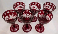 Egermann Czech Bohemian Ruby Red Hand Cut to Clear Cordial Liquor Glass x6