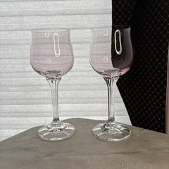 Vintage Pink Cranberry Crystal Wine Glass Pair Optic Stem Starburst Foot 7″ Tall