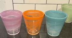 Vintage Set 6 Hand Blown Swirl Glass Thick 4in Tumblers Glasses Barware Cocktail
