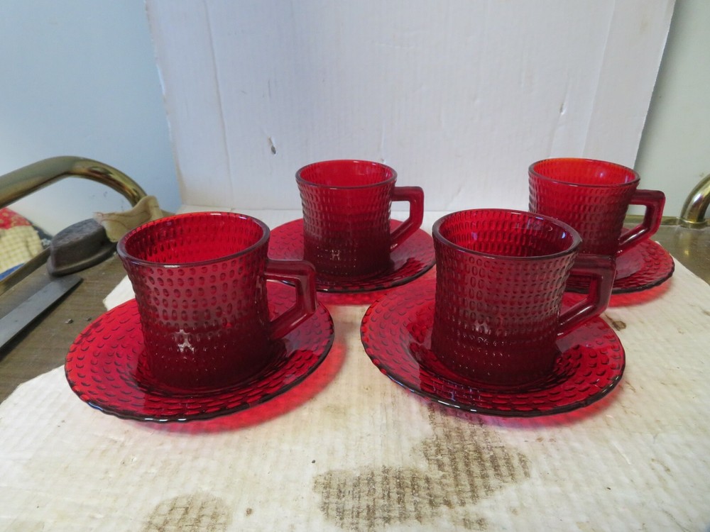 Ruby Red Hobnail Bumpy Texture Heavy Glass Cups and Saucers 4 Sets