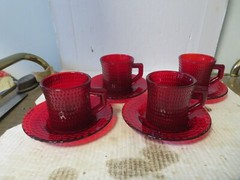 Ruby Red Hobnail Bumpy Texture Heavy Glass Cups and Saucers 4 Sets