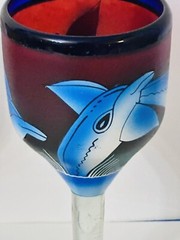 Mexican Hand Painted Hand Blown Wine Goblets Cobalt Blue Dolphins- Set of 2