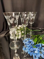 3 Optic Ripple Fern & Draped Flower Etch Trumpet Wine Goblets Glasses Set