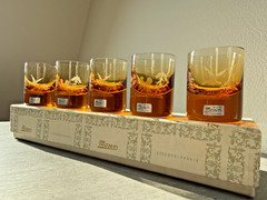 MOSER Czechoslovakia Amber Crystal Whisky Glasses Hunting Birds Box, signed