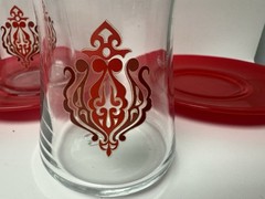 Vintage PASABAHCE Turkish Red Scroll Design Glass Tea Cup & Saucer, Set Of 4