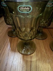Vintage Noritake Perspective Avocado Green Glass Goblet Lot Of 7