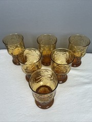 Libbey BoHo Country Garden Daisy Amber Glass 5” Tumbler 1970’s Lot Of 6