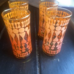 Amber Orange Yellow Geometric Glass Tumbler Set 4-Piece Round Glossy 1970 Vibe