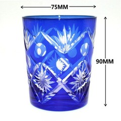 Japanese Style Edo Kiriko Glass Whisky Glass Tumbler Hand Cut To Clear Blue 8oz