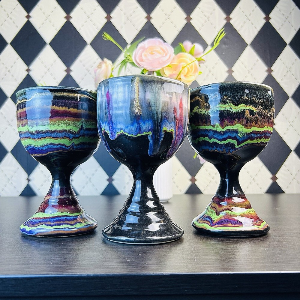 Signed D. Lesser Studio Pottery Goblets, Stoneware Set of 3, 6 Inches Tie & Dye