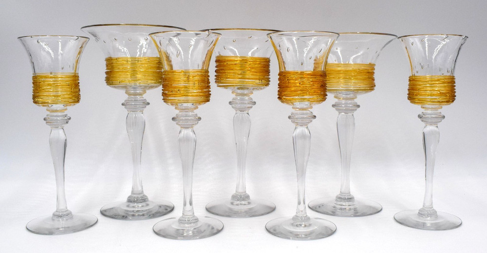Set of Fry Amber Threading Art Glassware – 3 Champagnes, 4 Cordials