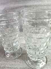Lot Of 2 Vintage Clear Glassware Cups Cubism Design Clear Footed