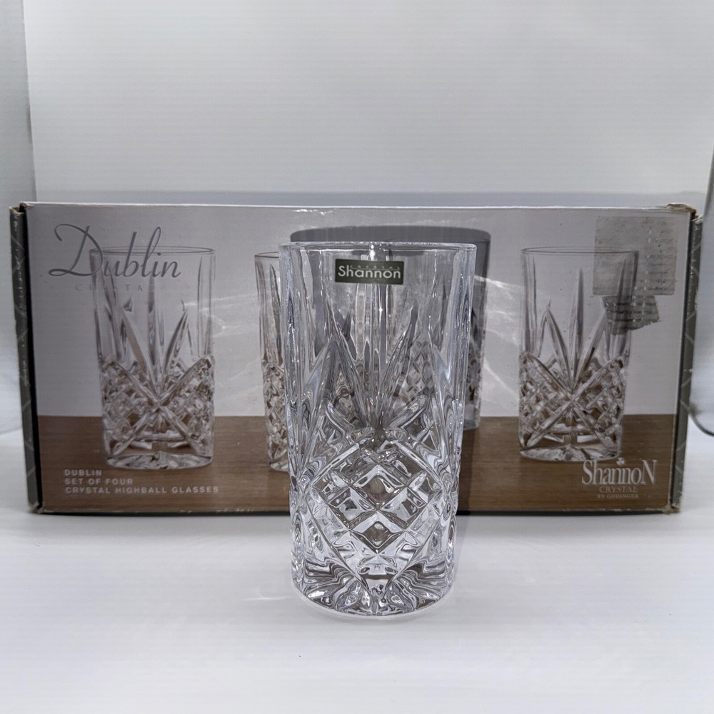 Set of 4 Godinger Dublin Shannon Crystal Highball Glass Tumbler Set 5 3/8” T