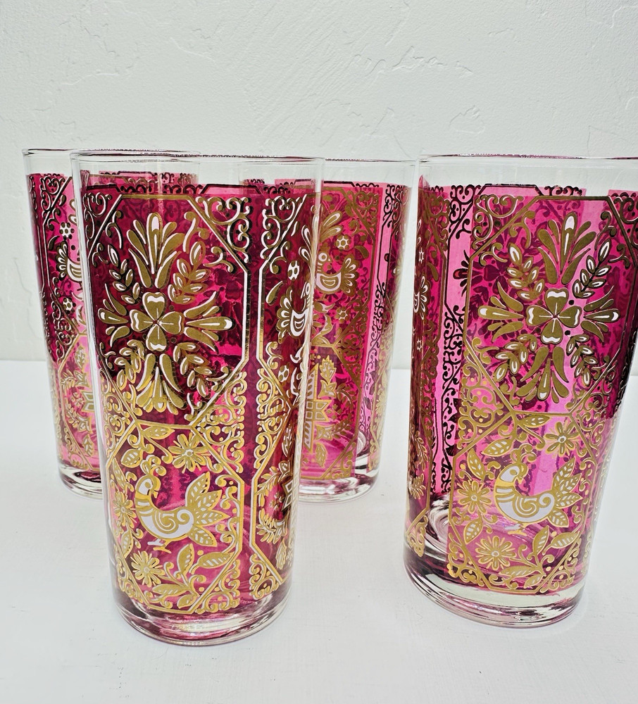 Set 4 Cranberry Pink Gold White Glass Highball Tumblers Folk Art Birds 5.75″H