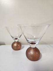 Gold Glitter Bling Ball Stem Base Martini Cosmo Cocktail Glasses Barware Set 2