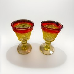 Pair Antique Victorian Amberina Pressed Glass Goblets Wine Glasses c1890s