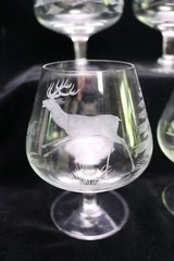 4 Brandy Glasses Etched Wild Life Deer Stag Doe Birds Pheasant Grey Cut Crystal