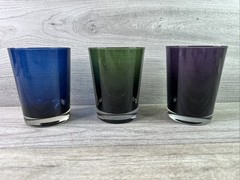 Lot Of 6 Deep Colored Juice Glasses 4.5″ Tall 2-Purple 2-Green 2-Blue Unbranded