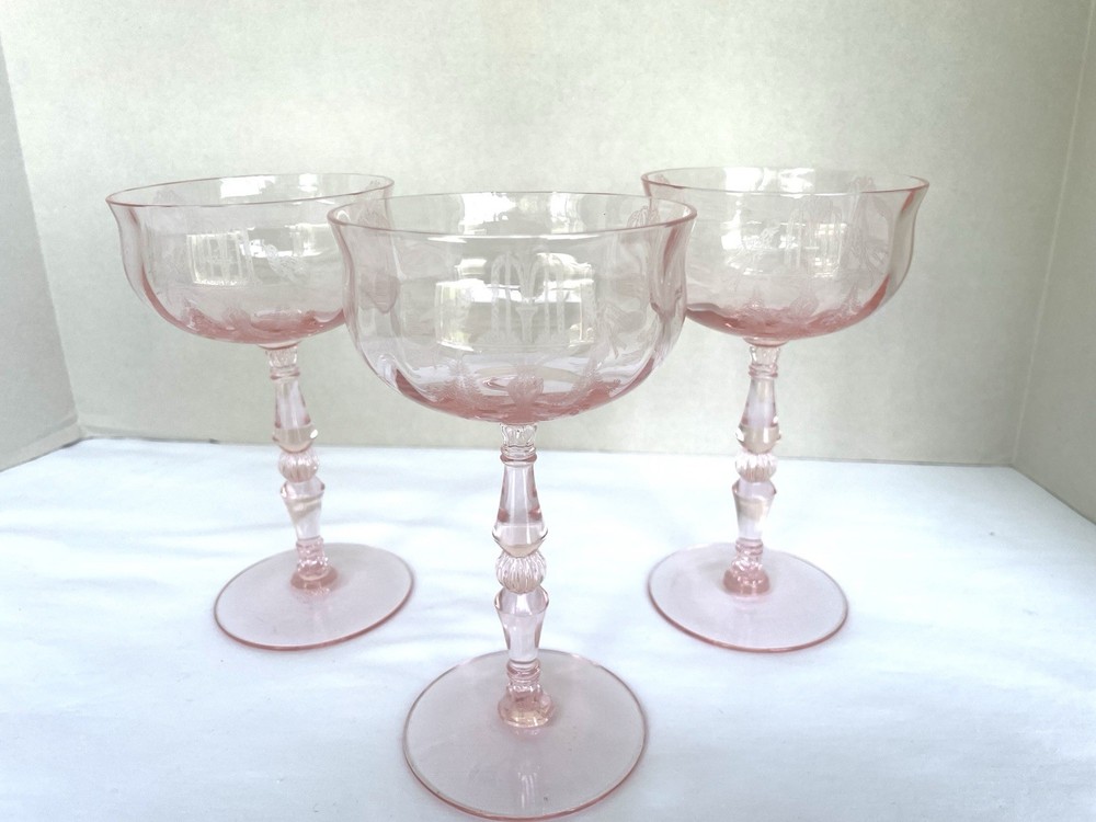 3 Pink Tiffin Fontaine Etched Champagne Glasses – Tall Sherbets Glass With Birds