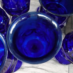 Set 7 Imperial by Tiara Glass Cobalt Blue Kings Crown Thumbprint Water Goblets