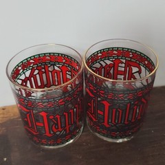 Vintage HOUZE Happy Holidays Stained Glass Gold Rim Low Ball Tumbler Set of 2