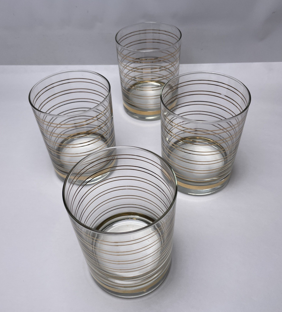 Shelton Ware On the Rocks Glasses Set of 4 Clear w/ Gold Stripe 80’s Vintage Bar