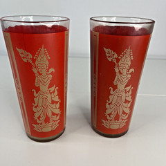 Culver Siam Tumblers Goddess Highball Glass Red Gold Hindu Thai VTG Set 1960s