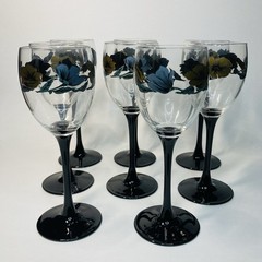 Vintage Luminarc France JULIE 7 1/4” Wine Glasses (Set of 8) Black Stem Floral