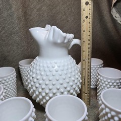 Hobnail Milk Glass Pitcher with 8 Tumblers White Ruffled Rim Water Set Juice