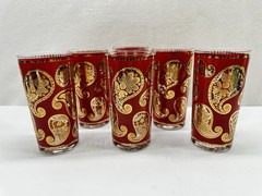 Vtg Set of 6 MCM Culver Red & 22k Gold Paisley Highball Glasses Tumbler Cocktail