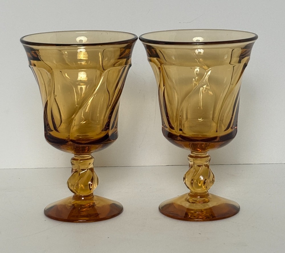 Set/2 Vintage Fostoria Jamestown Amber Swirl Water Goblets Glasses Twist Stem 6″