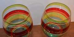 Festive Stripe Tall Stemmed Wine Glasses Goblets 9″ Gold Rim Hand Painted