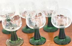 Vintage Luminarc France Roemer Port Glasses Green Beehive Stem Etched Set 6