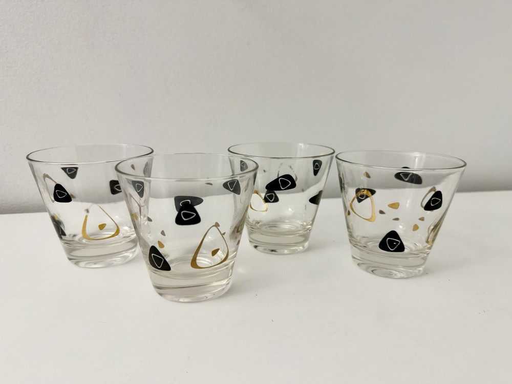 Set of (4) Vintage Federal Amoeba Boomerang Atomic Cocktail Glasses Black Gold