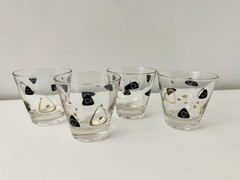 Set of (4) Vintage Federal Amoeba Boomerang Atomic Cocktail Glasses Black Gold