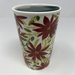 Poinsettia by Threshold Travel Ceramic Tumbler Rubber Lid Red Christmas 5.5″H